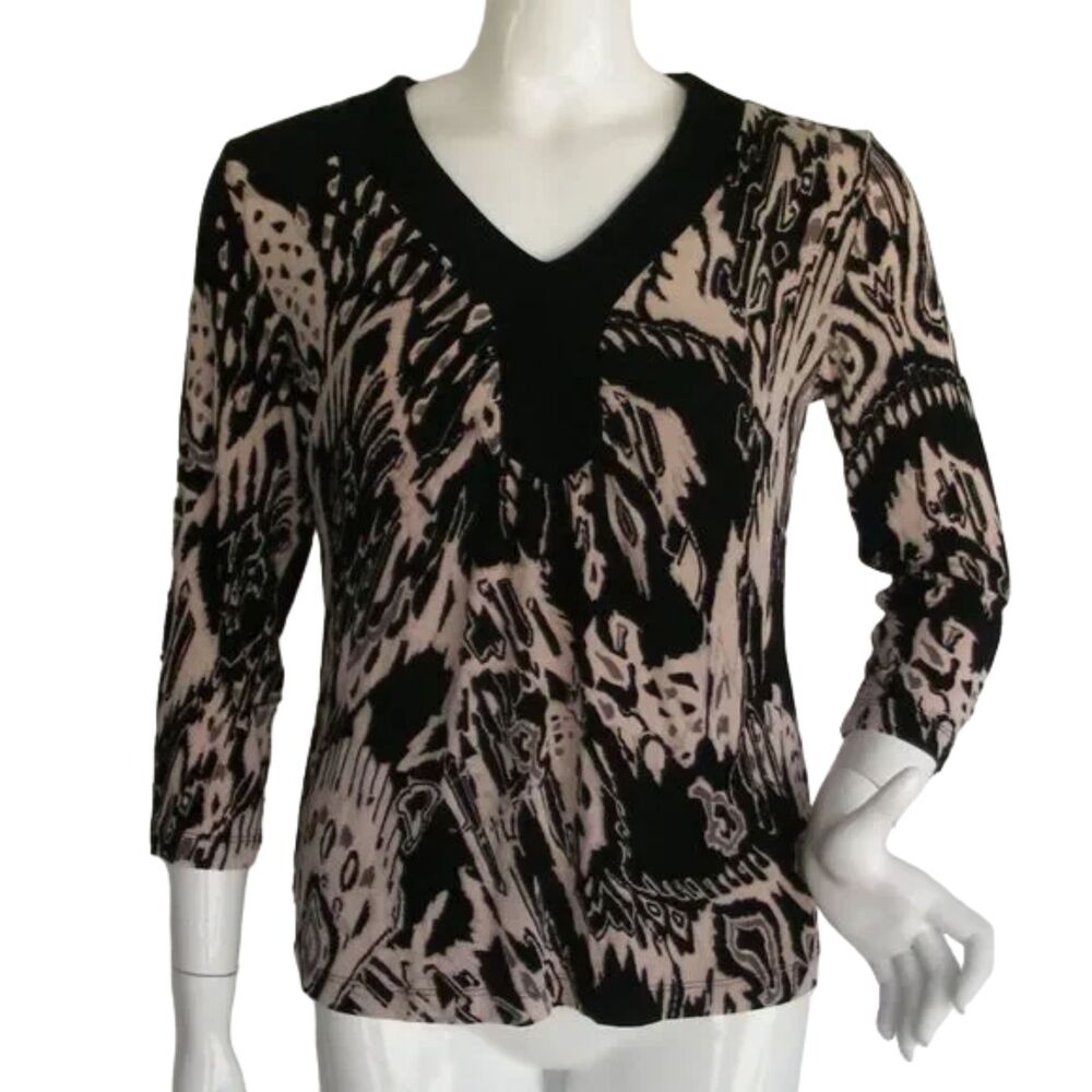 CHICO'S Travelers Tunic, 1/M, Black/Tan, V-neckline, 3/4 sleeves, Acetate